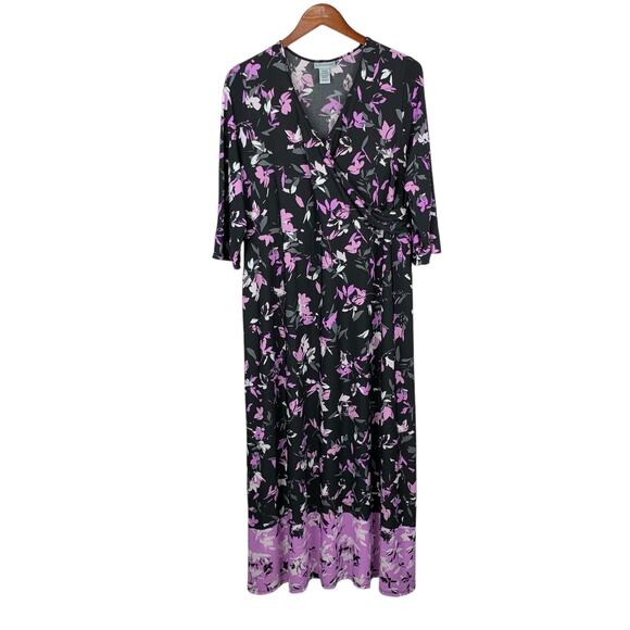 Catherines Faux Wrap Dress Maxi Black Purple Dark Floral Stretchy Womens 14 16WP - Picture 1 of 8